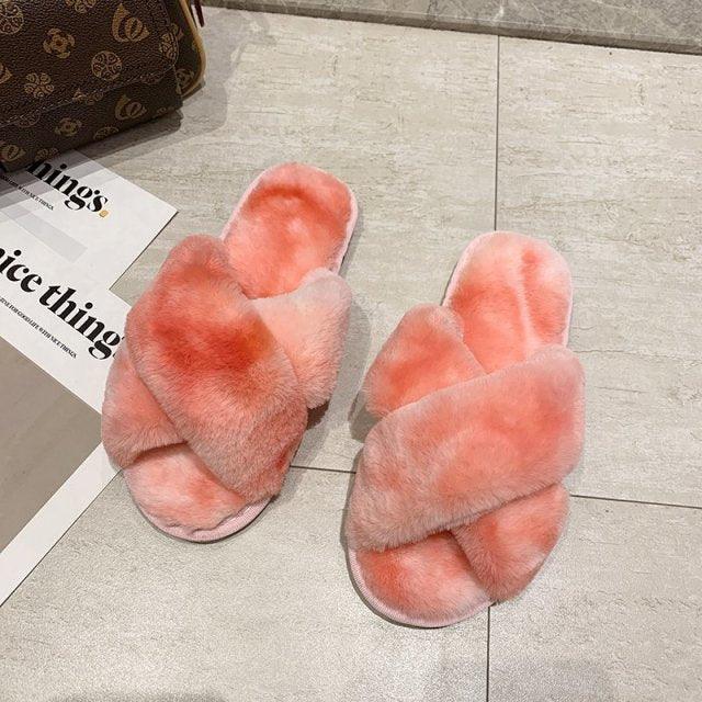 Women’s Faux Fur Cross-Strap Indoor Slides with Memory Foam