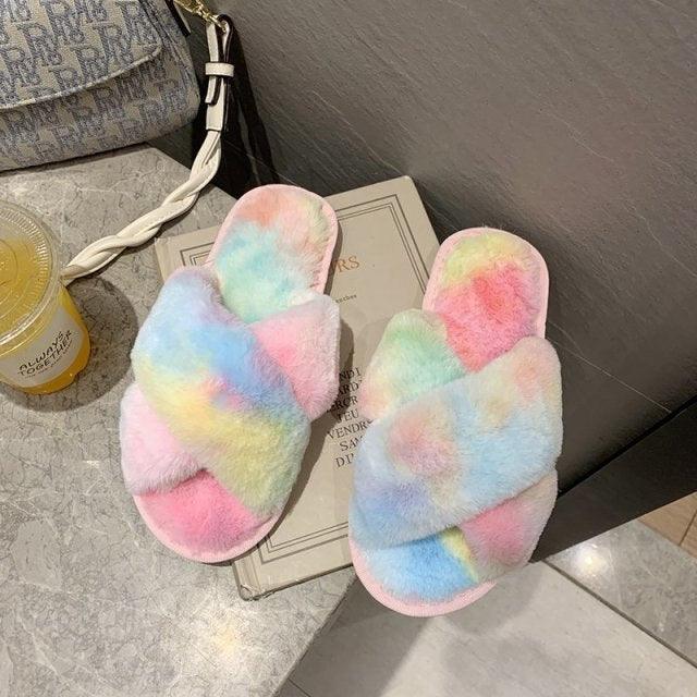 Women’s Faux Fur Cross-Strap Indoor Slides with Memory Foam