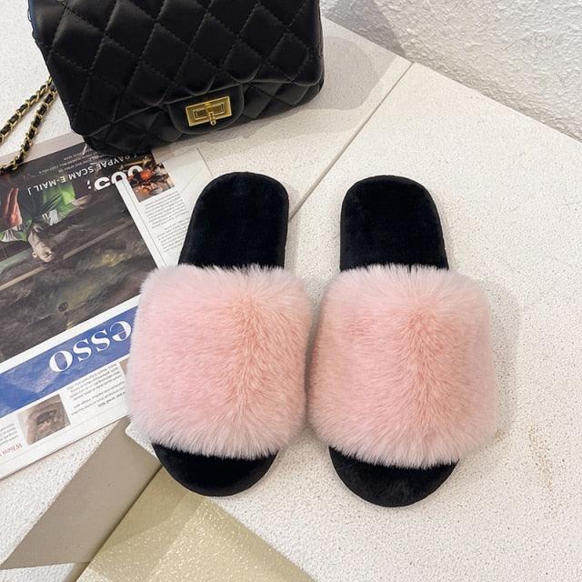 Women’s Faux Fur Cross-Strap Indoor Slides with Memory Foam