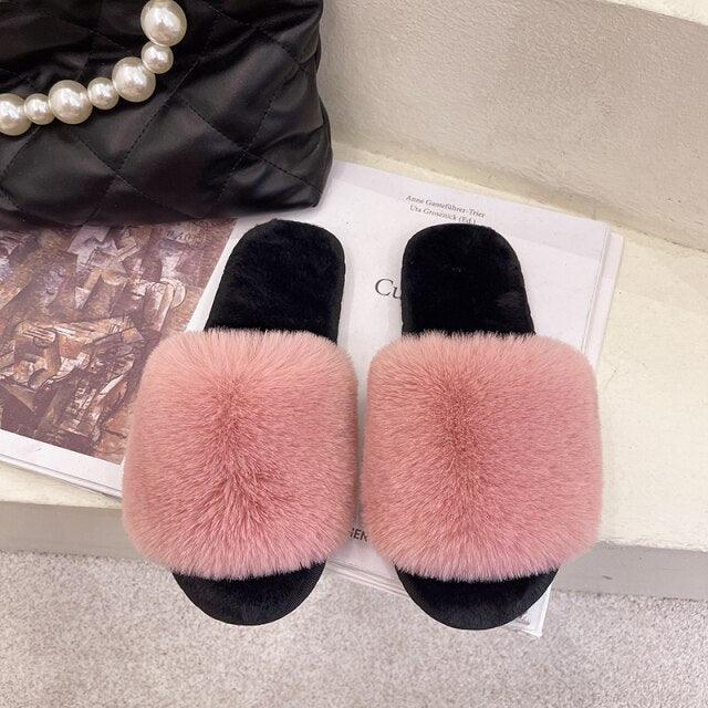 Women’s Faux Fur Cross-Strap Indoor Slides with Memory Foam