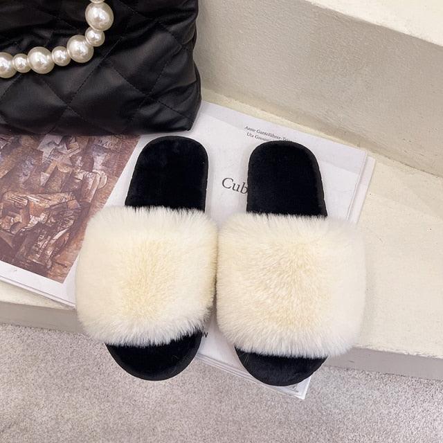 Women’s Faux Fur Cross-Strap Indoor Slides with Memory Foam