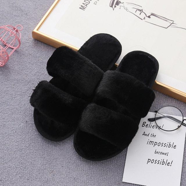 Women’s Faux Fur Cross-Strap Indoor Slides with Memory Foam