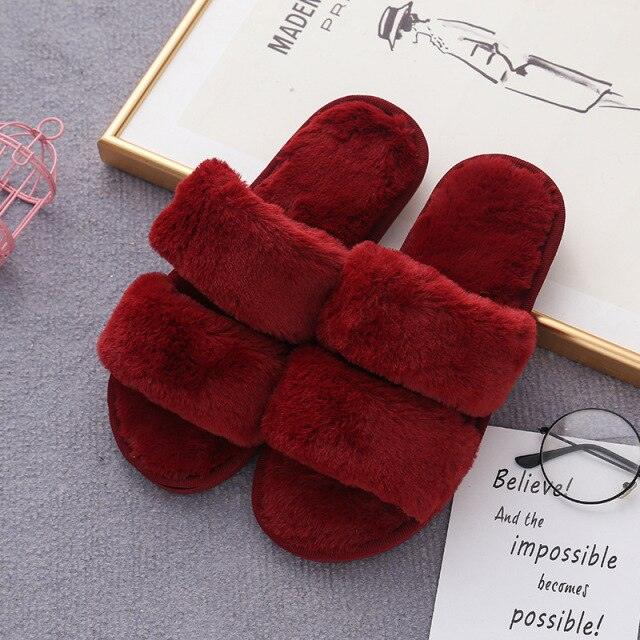 Women’s Faux Fur Cross-Strap Indoor Slides with Memory Foam