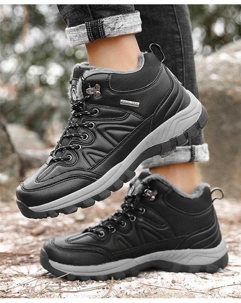 Waterproof Men's Leather Snow Boots, Fur Lined Rugged Winter Shoes