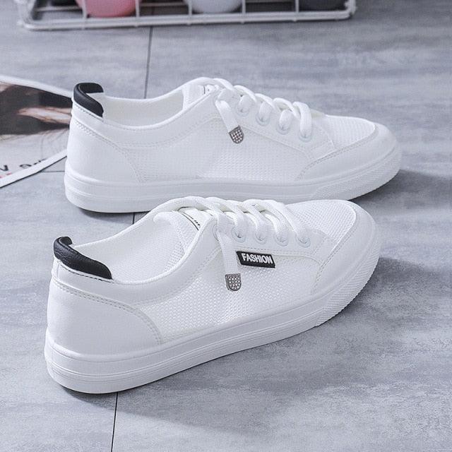 Women's White Mesh Breathable Casual Walking Sneakers Flat Shoes