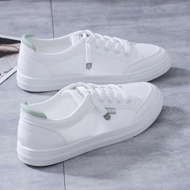 Women's White Mesh Breathable Casual Walking Sneakers Flat Shoes