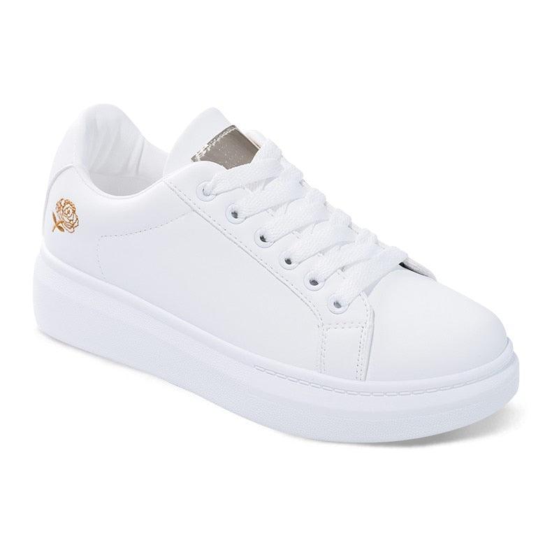 Women's Embroidered White Sneakers Floral PU Leather Low Top Shoes