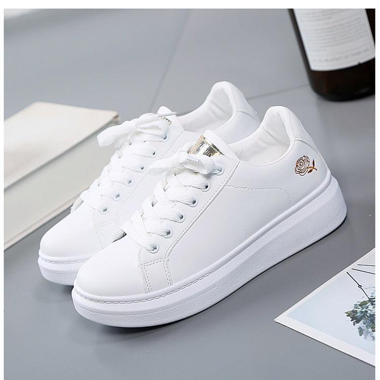 Women's Embroidered White Sneakers Floral PU Leather Low Top Shoes