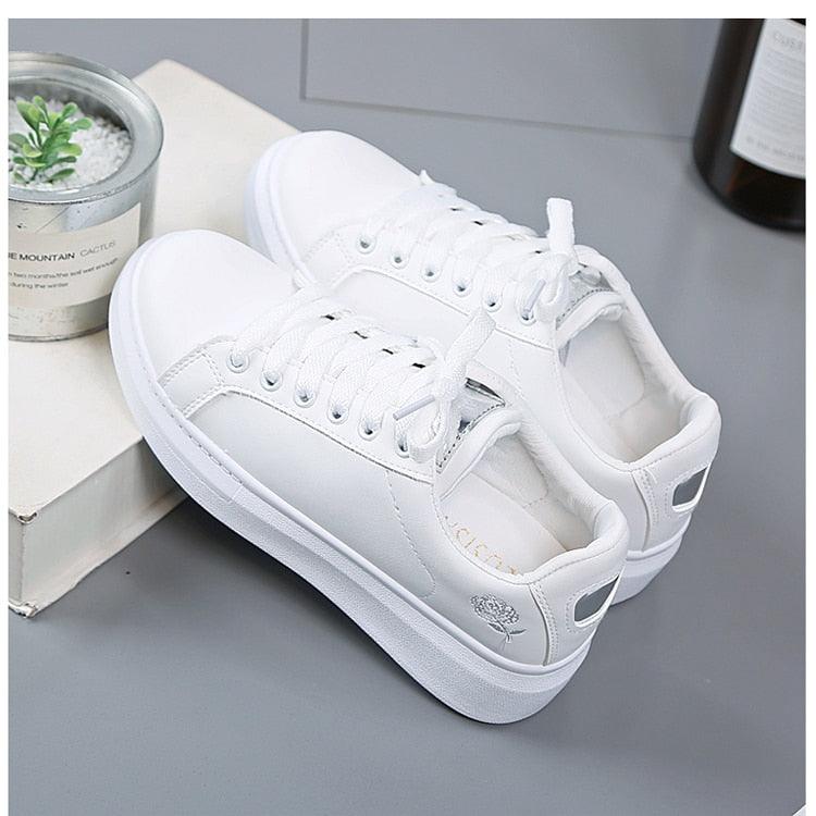 Women's Embroidered White Sneakers Floral PU Leather Low Top Shoes