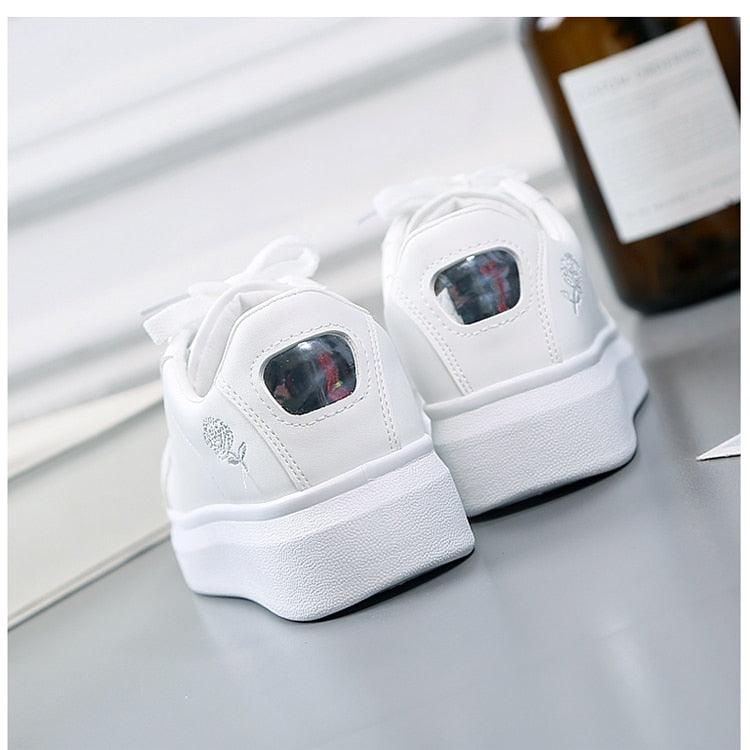 Women's Embroidered White Sneakers Floral PU Leather Low Top Shoes