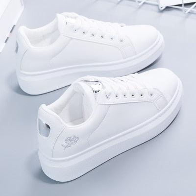 Women's Embroidered White Sneakers Floral PU Leather Low Top Shoes