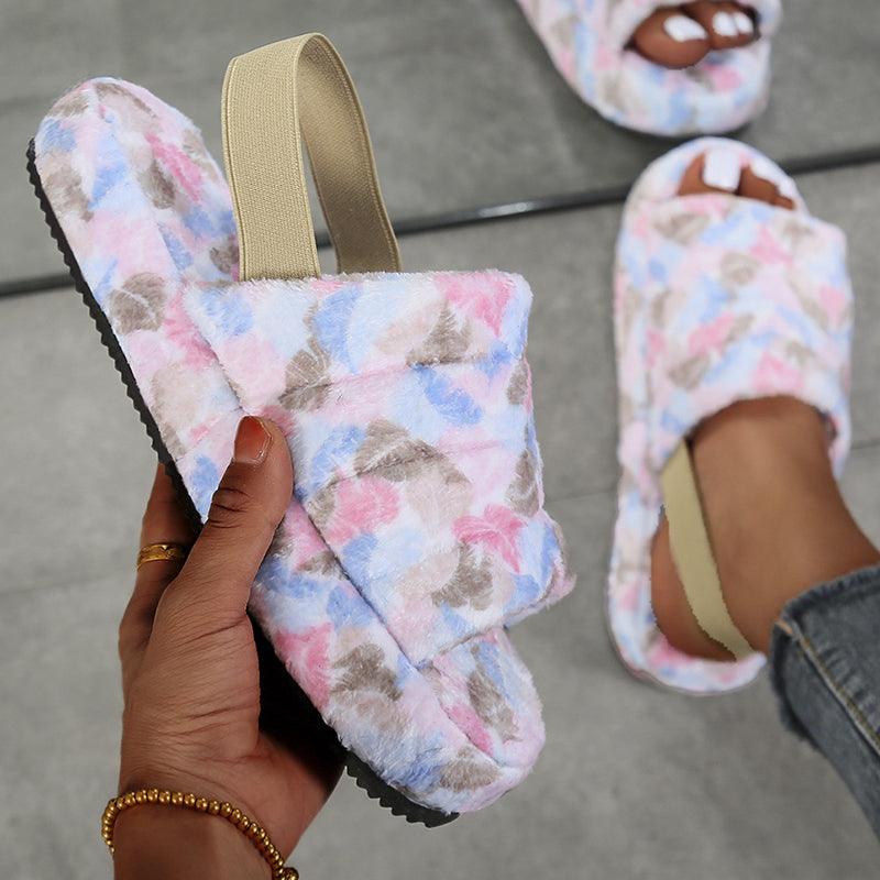 Floral Print Faux Fur Open-Toe Women's House Slippers