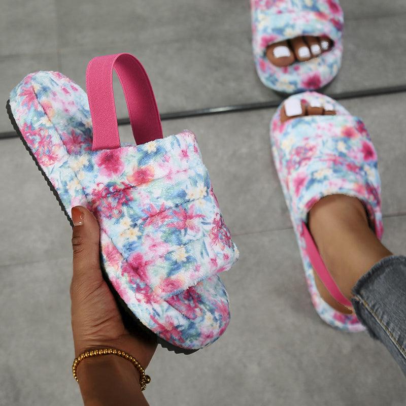 Floral Print Faux Fur Open-Toe Women's House Slippers