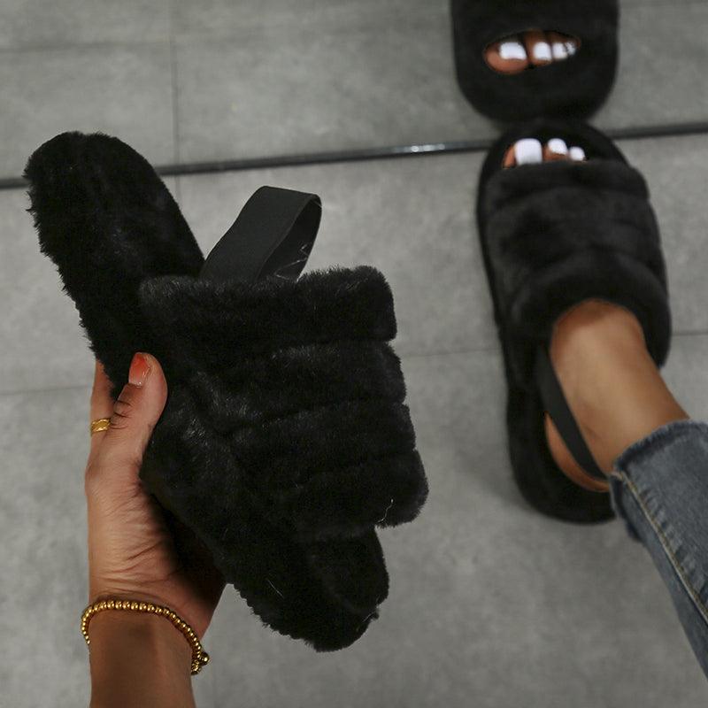 Floral Print Faux Fur Open-Toe Women's House Slippers