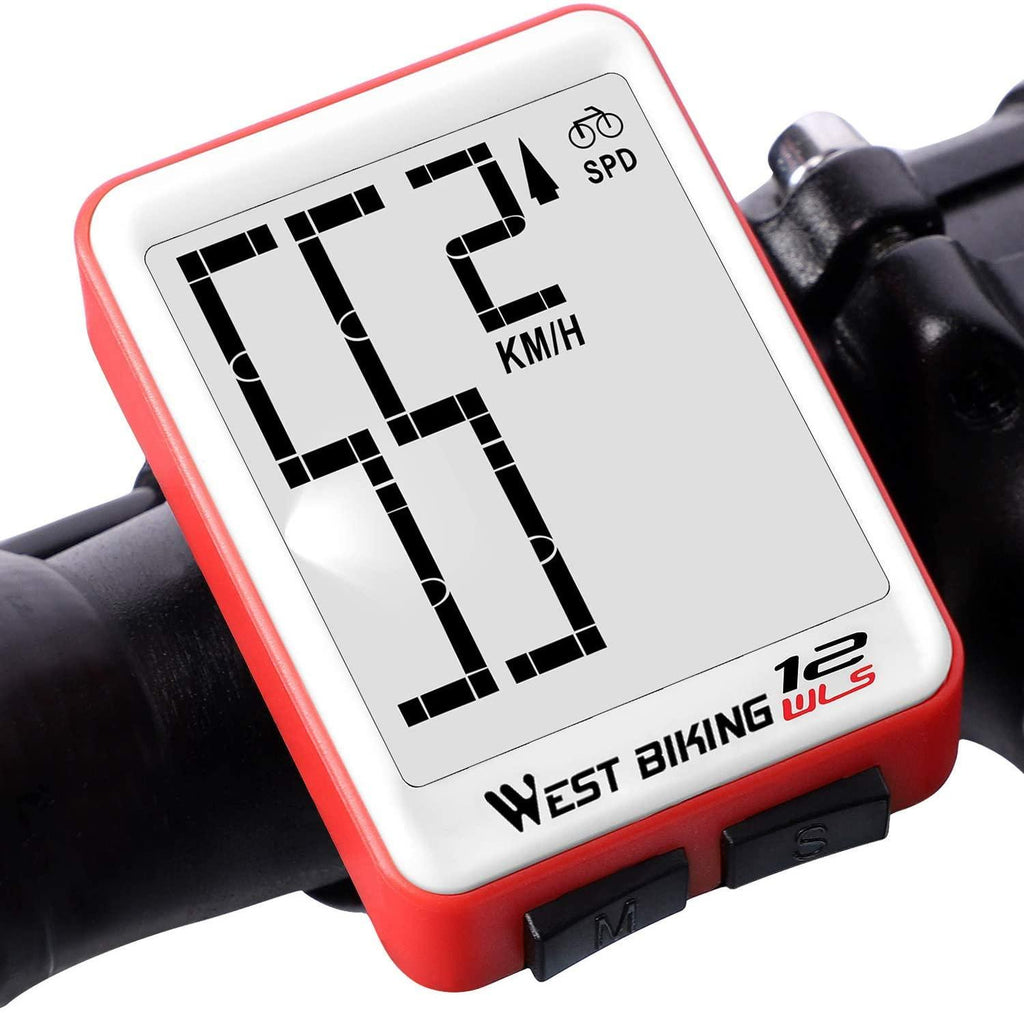 Stevvex wireless bike computer mounted on handlebars with large backlit LCD display showing speed data