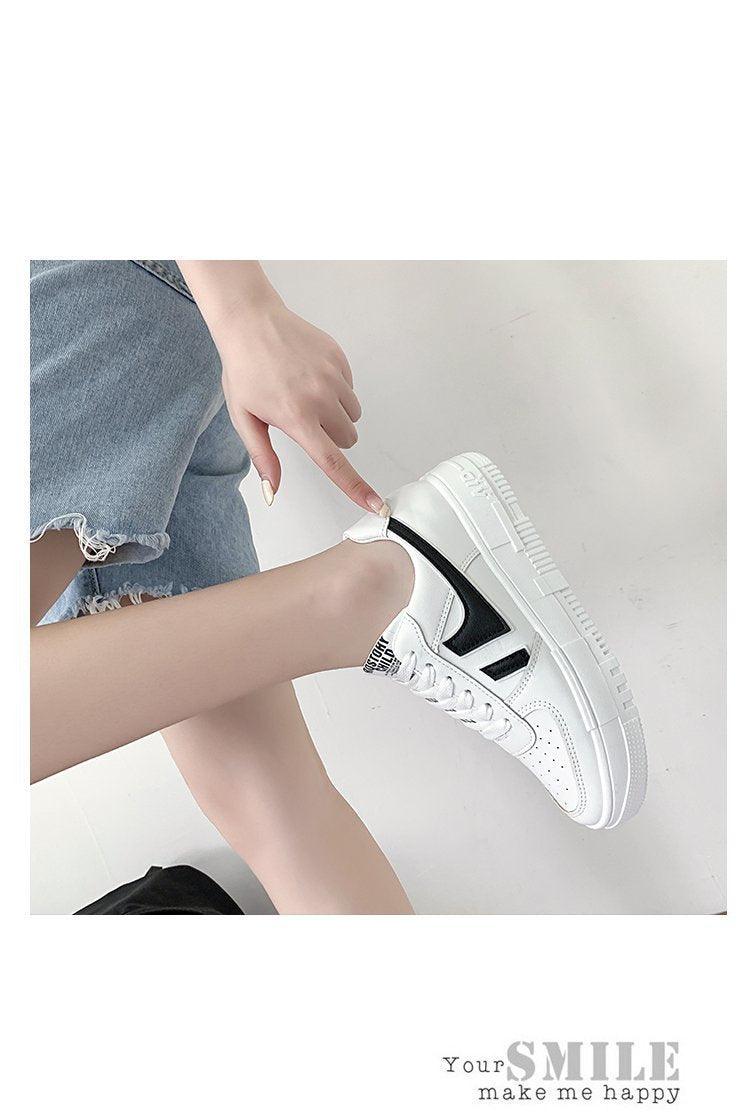 Women's White Casual Lace-Up Sneakers, Breathable Platform Shoes