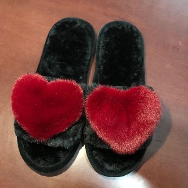 Women's Fluffy Heart Pattern Memory Foam Slippers - Non-Slip Sole