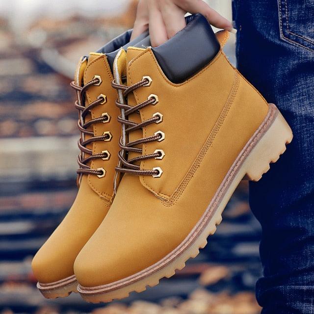 Men's Leather Winter Ankle Boots, Warm Fur Lined Flat Snow Shoes