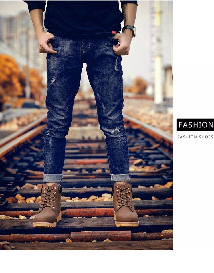 Men's Leather Winter Ankle Boots, Warm Fur Lined Flat Snow Shoes