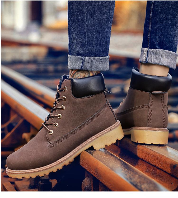 Men's Leather Winter Ankle Boots, Warm Fur Lined Flat Snow Shoes