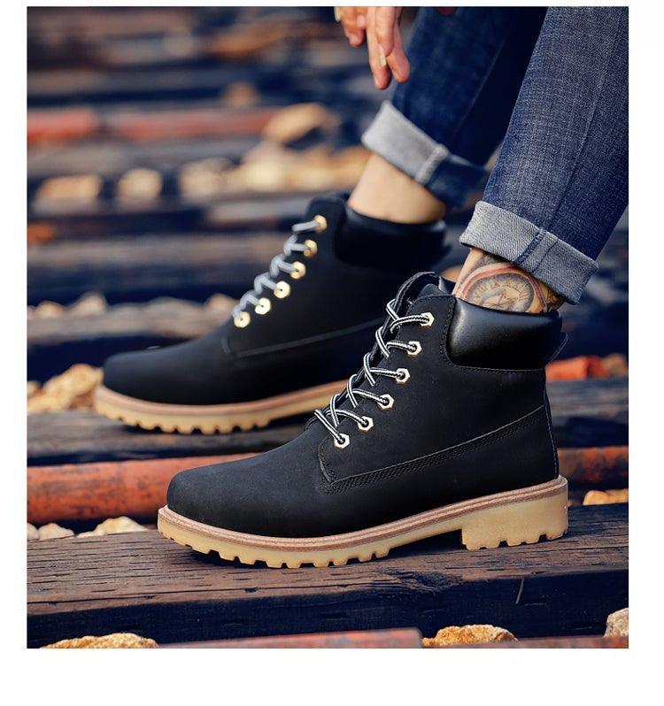 Men's Leather Winter Ankle Boots, Warm Fur Lined Flat Snow Shoes