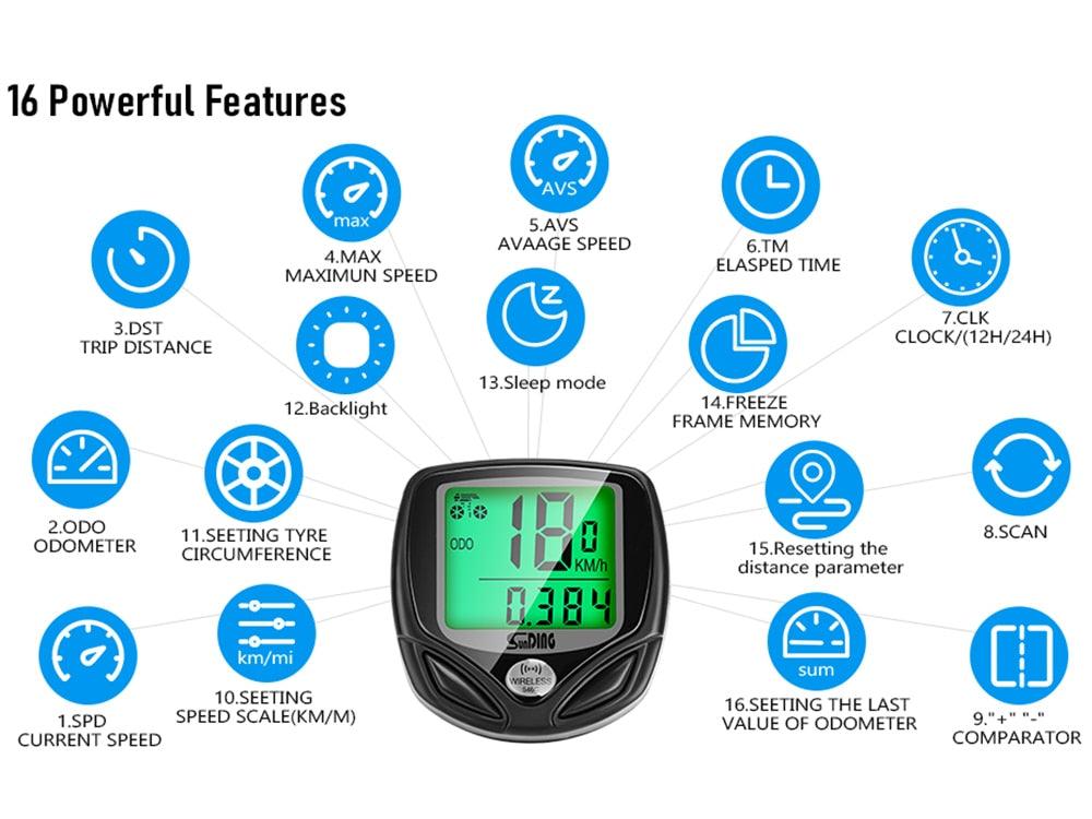Wireless Bike Computer with 16-Function LCD Backlight Display