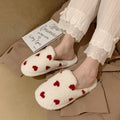 Women's Heart Print Plush Slippers – Cozy White & Red Indoor Shoes