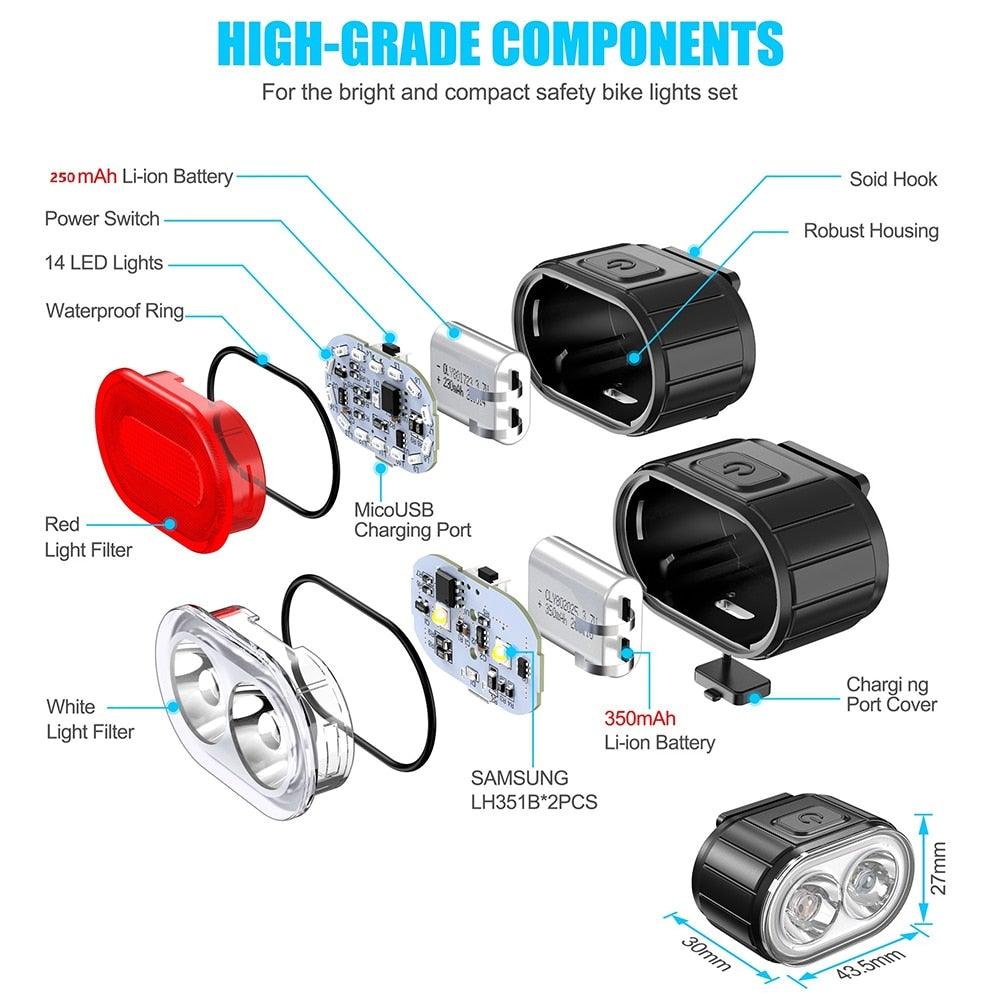 USB Rechargeable LED Bike Light Set - Front Headlight & Taillight