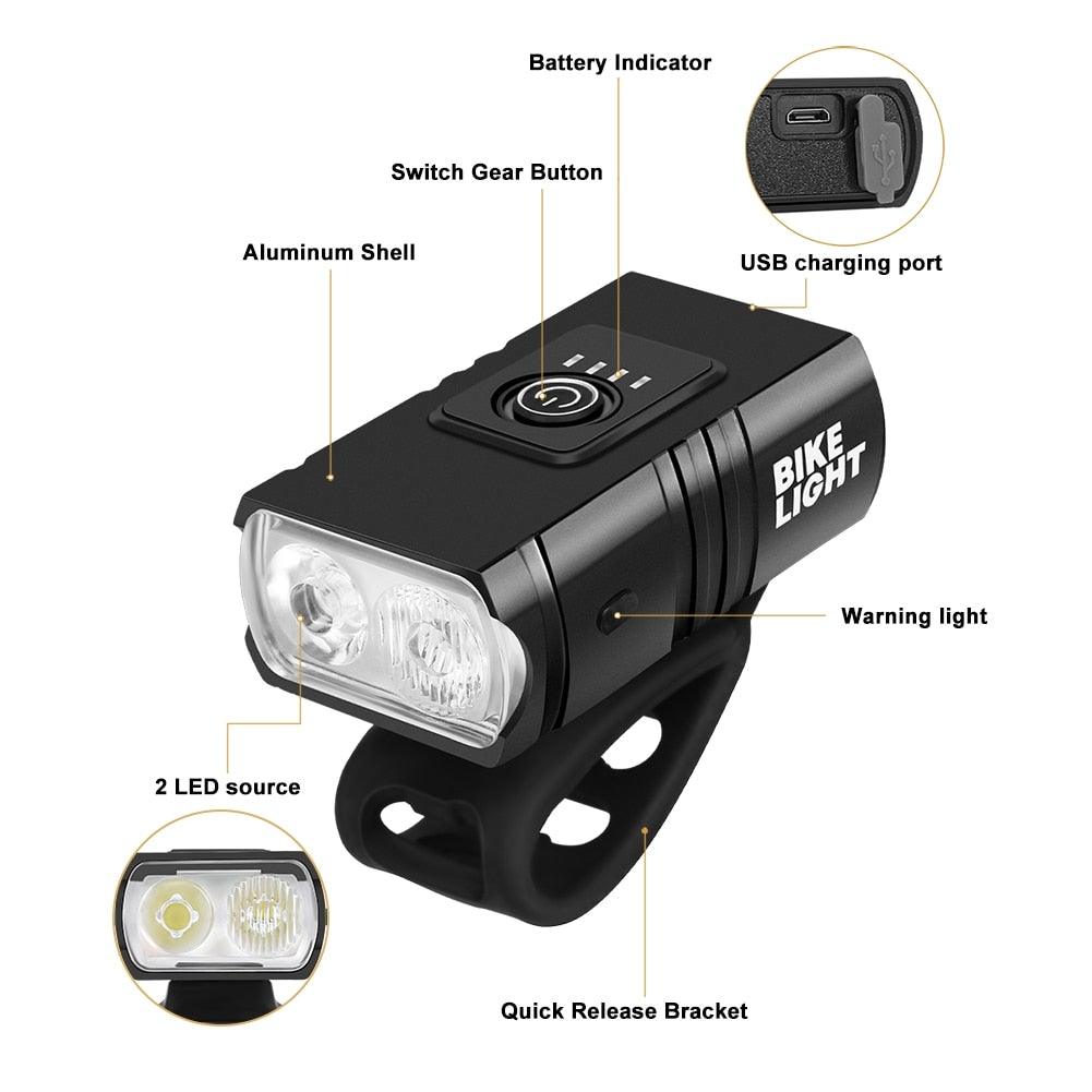 USB Rechargeable LED Bike Light Set - Front Headlight & Taillight