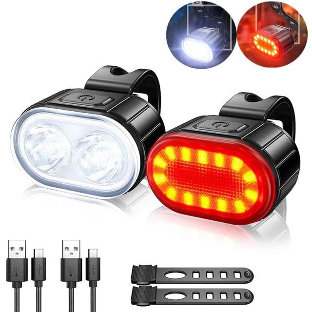 USB Rechargeable LED Bike Light Set - Front Headlight & Taillight