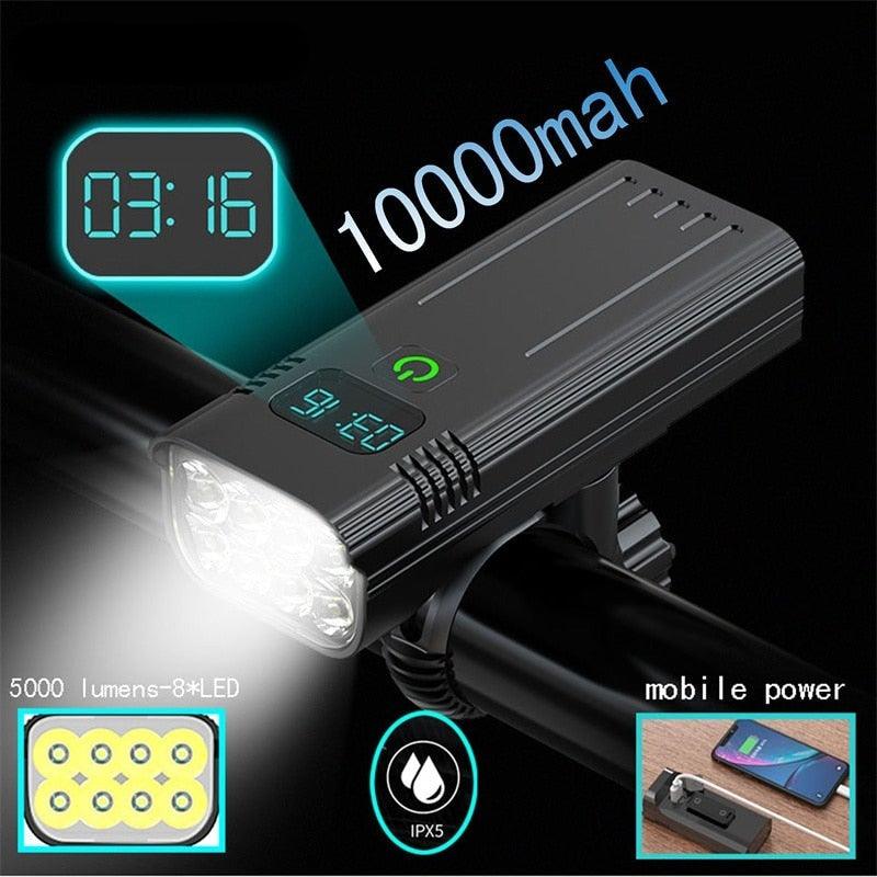 USB Rechargeable 8 LED Bicycle Headlight 10000mAh Bike Light
