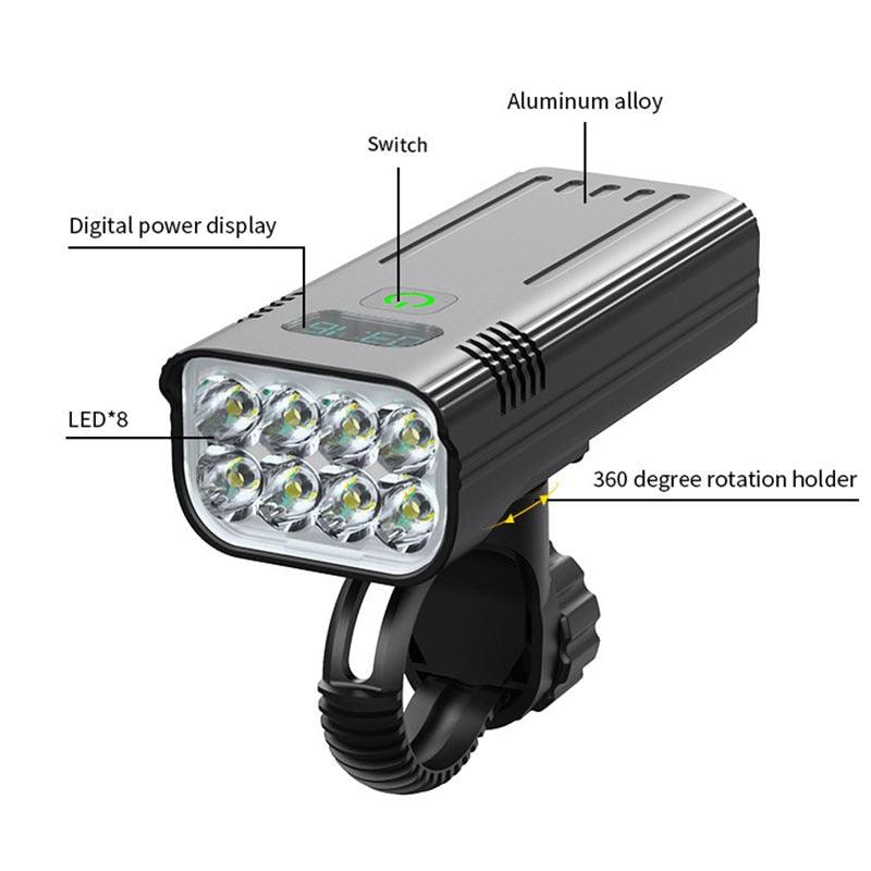 USB Rechargeable 8 LED Bicycle Headlight 10000mAh Bike Light