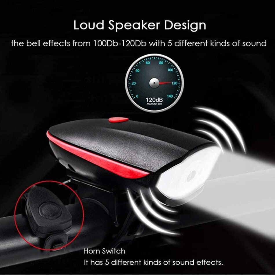 USB Rechargeable LED Bike Front Light with Electric Horn & Alarm