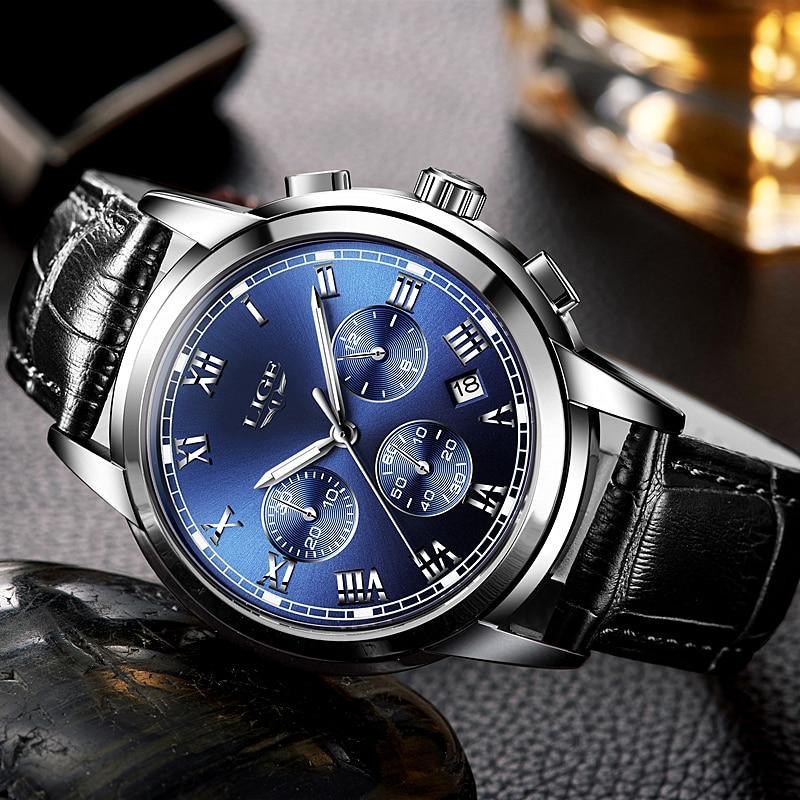 Men's Mechanical Business Watch with Leather Strap and Chronograph