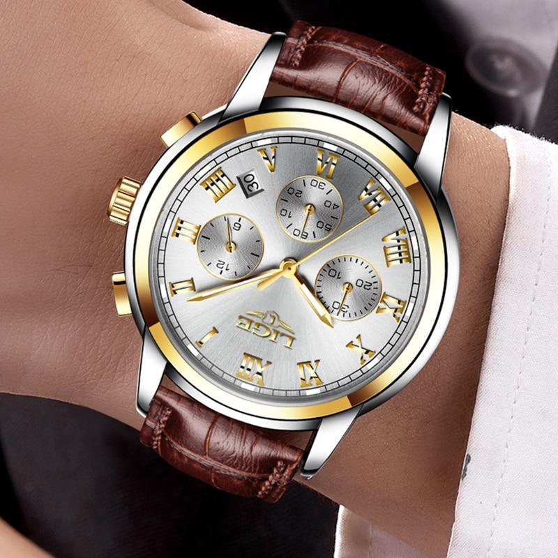 Men's Mechanical Business Watch with Leather Strap and Chronograph