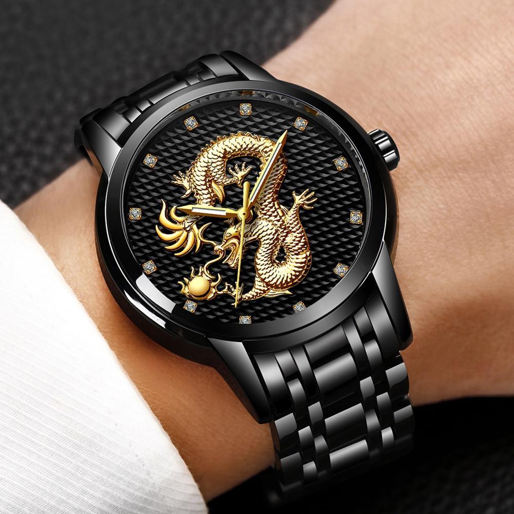 Men's Waterproof 3D Dragon Luxury Gold Wristwatch Gift