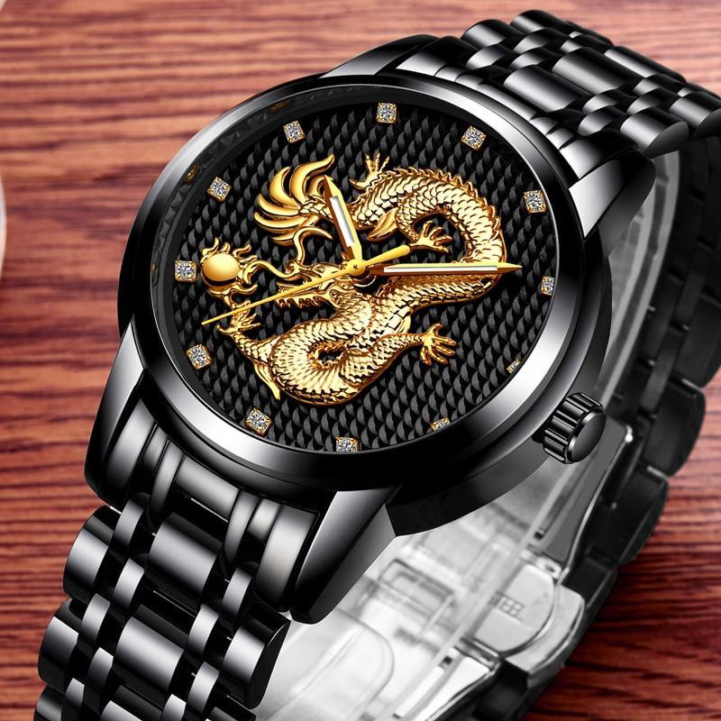 Men's luxury gold wristwatch featuring a detailed 3D dragon sculpture on the large dial