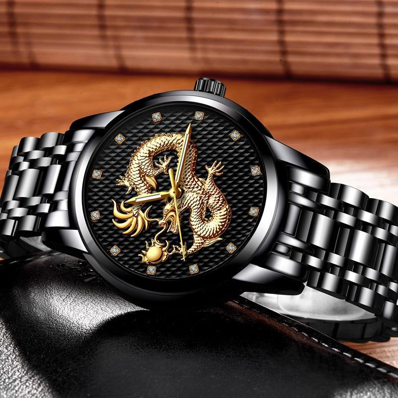 Men's Waterproof 3D Dragon Luxury Gold Wristwatch Gift