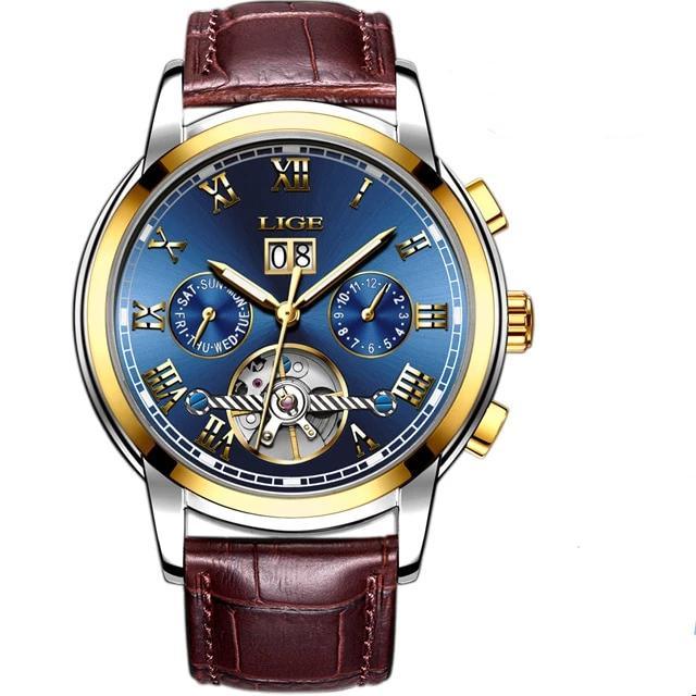 Men's Waterproof Chronograph Watch with Leather Strap & Roman Numerals