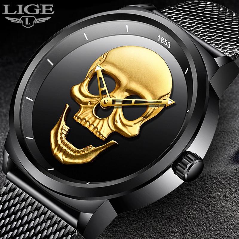 LIGE men's stainless steel sport watch with 3D skull dial and fluorescent hands in black and gold