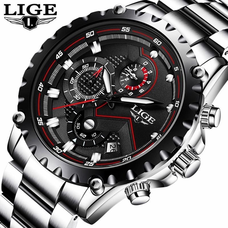 Sporty men's stainless steel chronograph watch with fluorescent hands and industrial design.