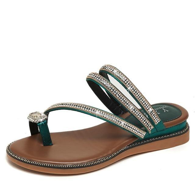 Women's Rhinestone Crystal Flat Sandals Casual Beach Flip Flops