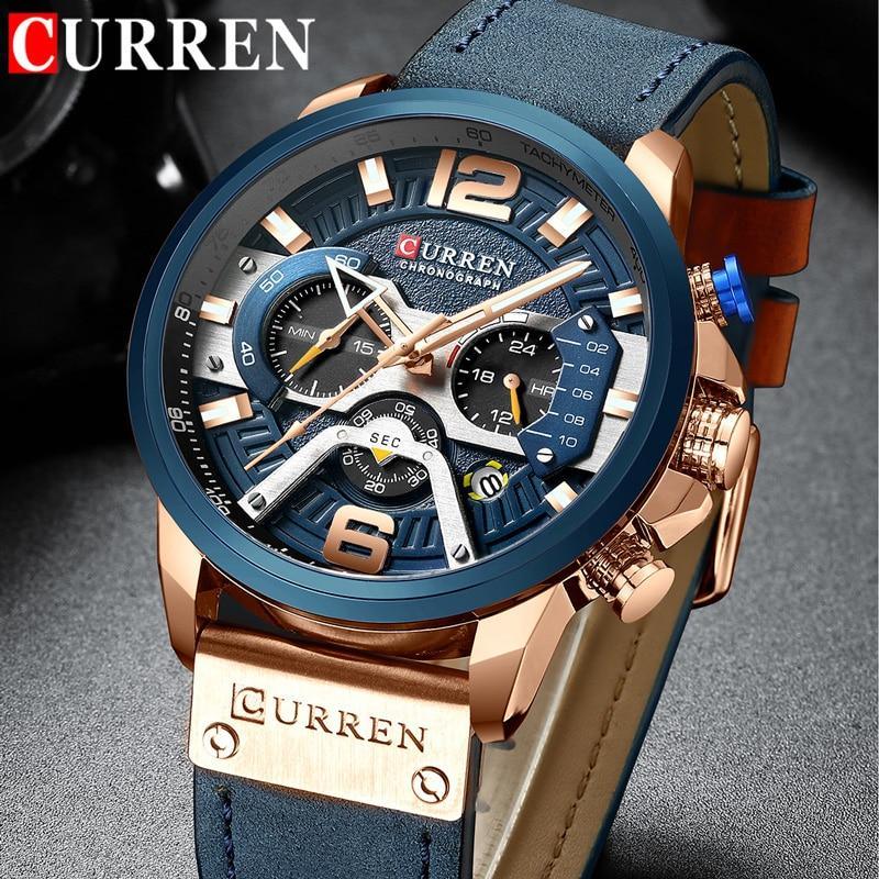 Men's Waterproof Sports Chronograph Watch with Leather Strap