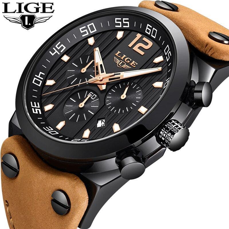 Men’s Military Sport Watch with Leather Band and Day Display