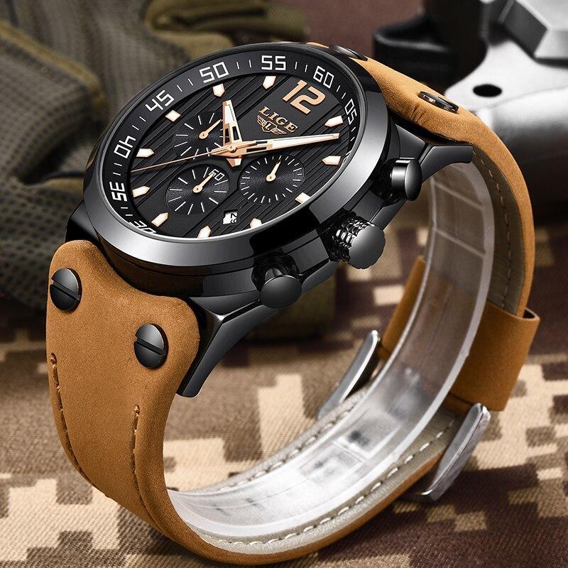 Men’s Military Sport Watch with Leather Band and Day Display