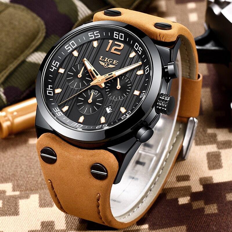 Men’s Military Sport Watch with Leather Band and Day Display