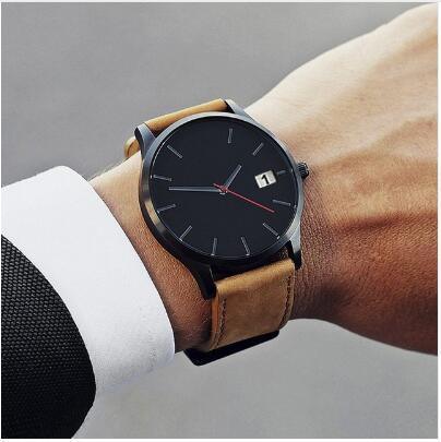 Minimalist Men's Leather Watch with Date Display - Tan, Brown, Black