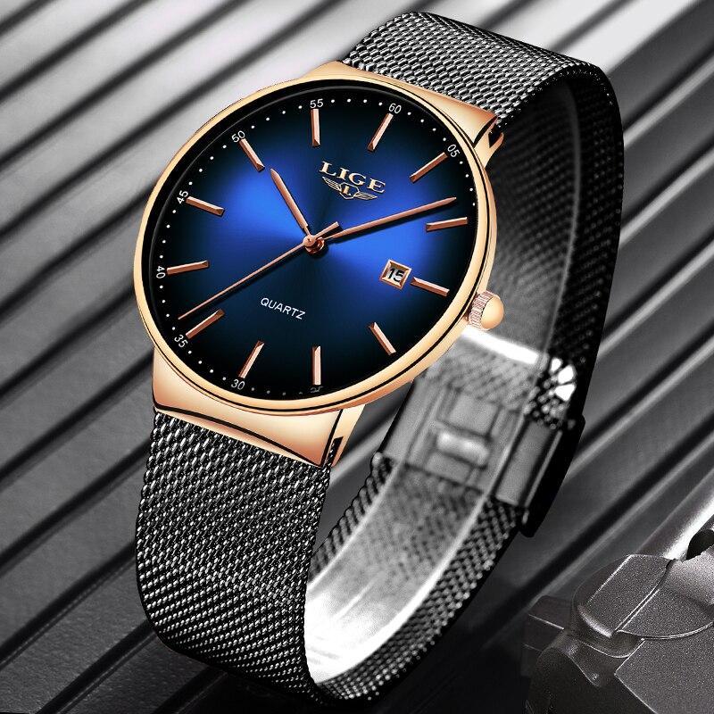 LIGE men's stainless steel dress watch with date display in blue, gold, and black