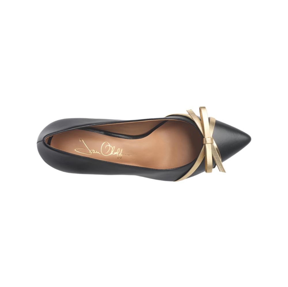 Celine Black Mestico Kitten Heel Pump with Gold Bow Detail