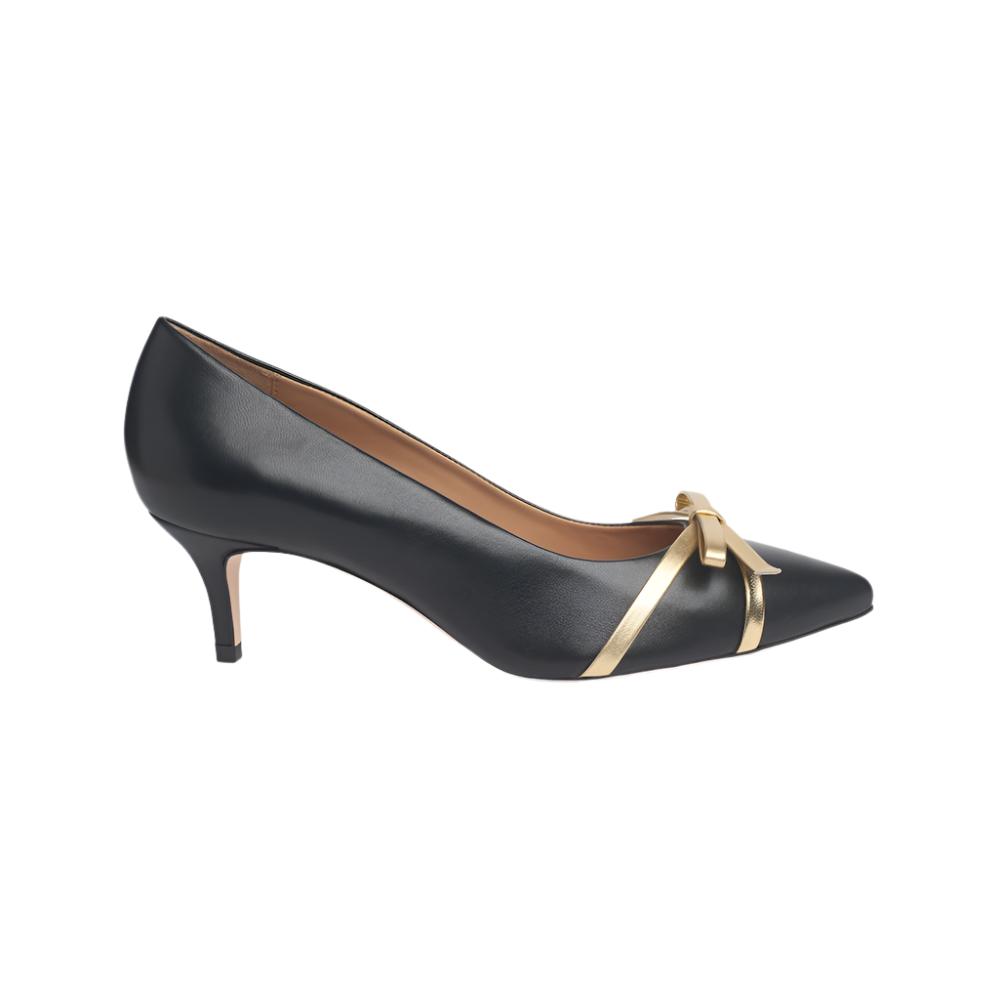 Side profile of a black leather kitten heel pump with a gold bow detail